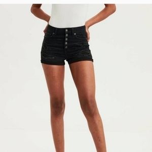 American Eagle Curvy Super Hi Rise Shortie Shorts in Distressed Black